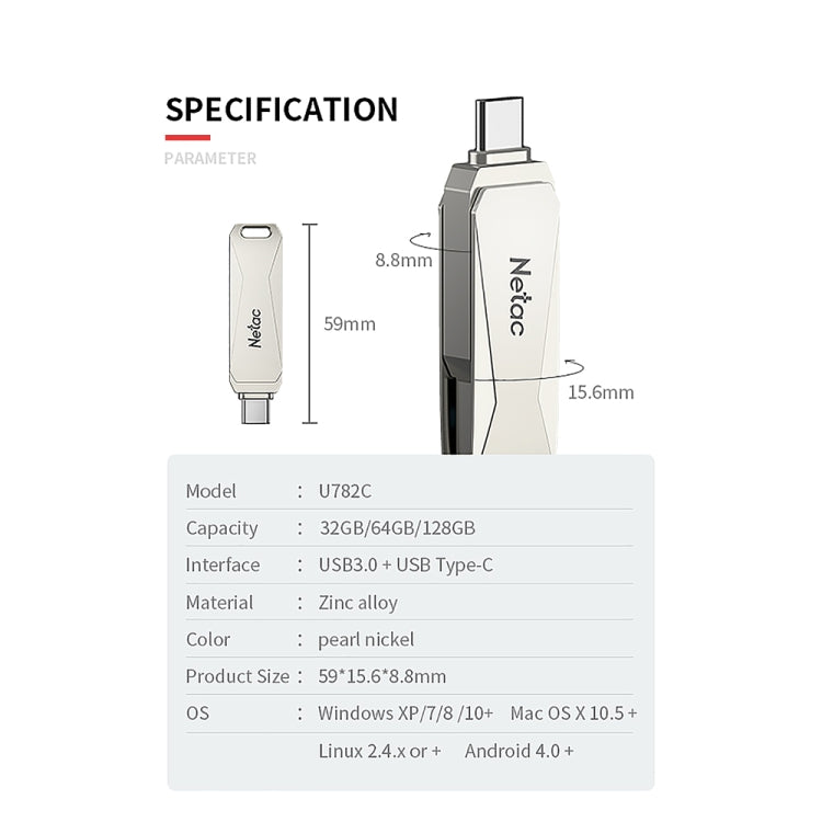 Netac U782C Type-C Dual Interface High-Speed Metal Computer USB Flash Drive, Capacity: 64GB - USB Flash Drives by Netac | Online Shopping UK | buy2fix