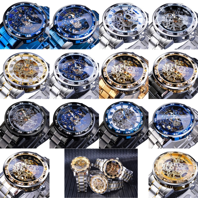 Winner Leisure Skeleton Diamond Luminous Pointer Watch Men Manual Mechanical Watch(Blue Belt Black Shell Blue Face) - Metal Strap Watches by Winner | Online Shopping UK | buy2fix