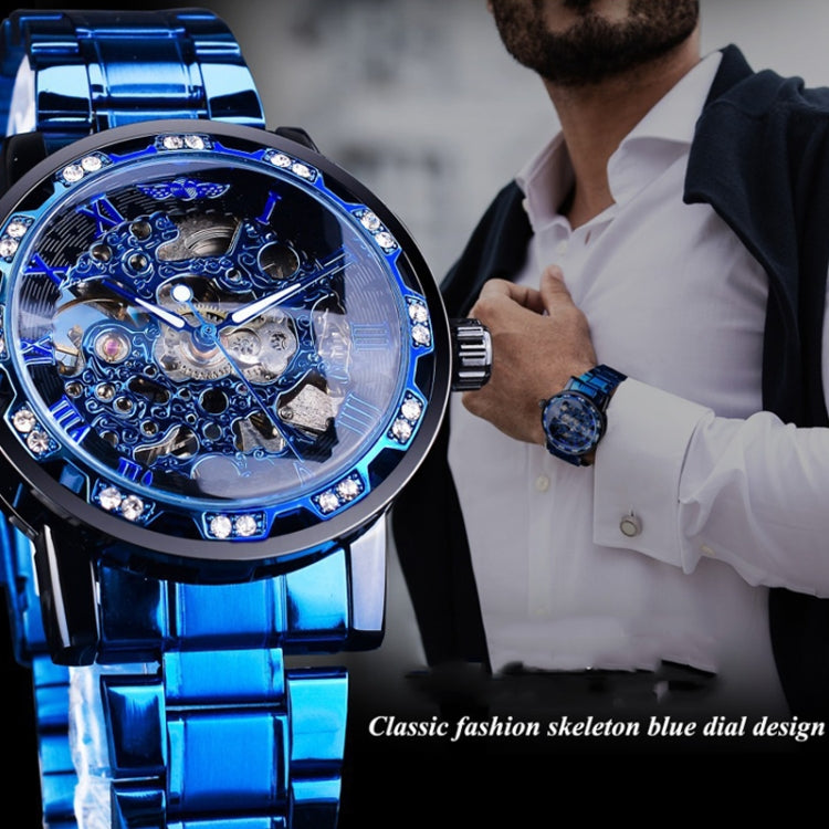 Winner Leisure Skeleton Diamond Luminous Pointer Watch Men Manual Mechanical Watch(Blue Belt Black Shell Blue Face) - Metal Strap Watches by Winner | Online Shopping UK | buy2fix