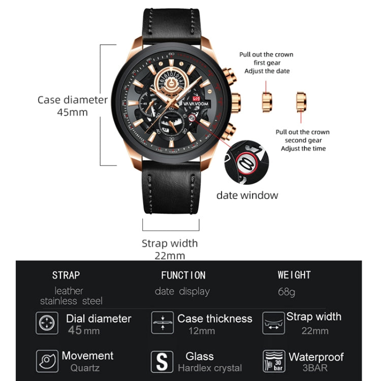 VAVA VOOM 2311P-JH2 Black Shell Belt Men Waterproof Sports Luminous Calendar Casual Quartz Hollow Watch - Sport Watches by VAVA VOOM | Online Shopping UK | buy2fix