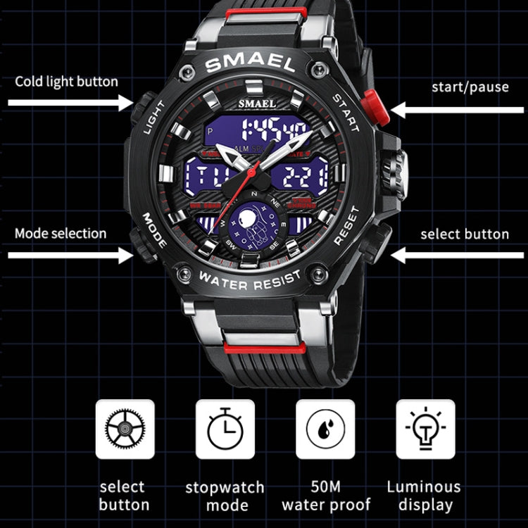 SMAEL 8069 Outdoor Multifunctional Waterproof Sports Alloy Luminous Watch(Red) - LED Digital Watches by SMAEL | Online Shopping UK | buy2fix