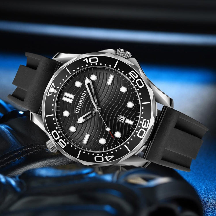 Black Silicon Black Steel Black BINBOND B2820 Luminous 30m Waterproof Men Sports Quartz Watch - Silicone Strap Watches by BINBOND | Online Shopping UK | buy2fix