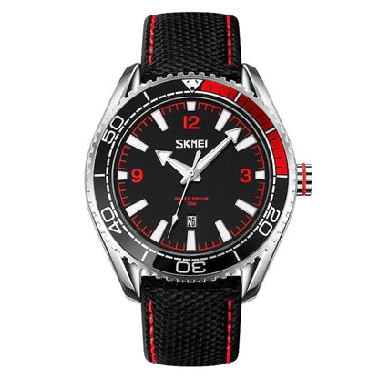 SKMEI 9291 Rotatable Dial Men Watch Outdoor Casual Business Waterproof Quartz Watch(Red) - Leather Strap Watches by SKMEI | Online Shopping UK | buy2fix