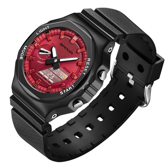 SANDA Octagonal Oak Hand Lamp Waterproof Sports Alarm Clock Men Watch(Black Red) - Silicone Strap Watches by SANDA | Online Shopping UK | buy2fix