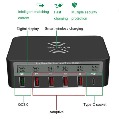 818F 5 USB Ports + Type-C Multifunctional Multi-Port Wireless Charger, Style: AU Plug (Black) - Multifunction Charger by buy2fix | Online Shopping UK | buy2fix