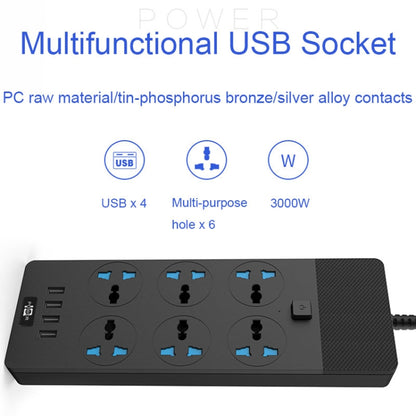 TB-T12 3000W 2m 4-USB Ports + 6-Jacks Multifunctional Flame-Retardant Socket With Switch(UK Plug) - Extension Socket by buy2fix | Online Shopping UK | buy2fix