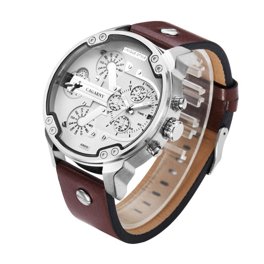 CAGARNY 6820 Fashionable Multifunctional Style Quartz Business Sport Wrist Watch with Leather Band & GMT Time & Calendar & Luminous Display for Men(Brown Band White Window) - Leather Strap Watches by CAGARNY | Online Shopping UK | buy2fix